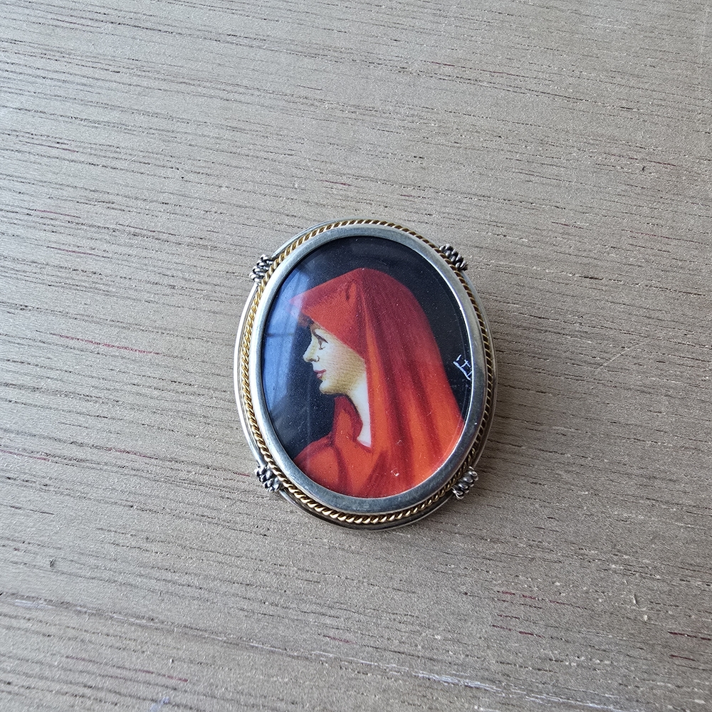 Vintage Italian Hand Painted St. Fabiola Portrait Silver Signed Brooch